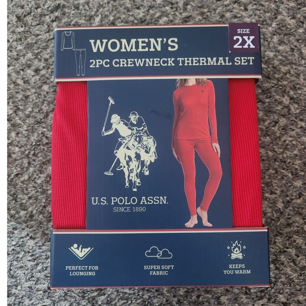 US Polo Assn Womens 2PC Crewneck Thermal Set‎ Red Plus Size 2X New